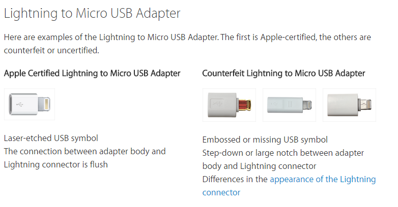 Как определить поддельный, не сертифицированный адаптер Lightning в Micro-USB