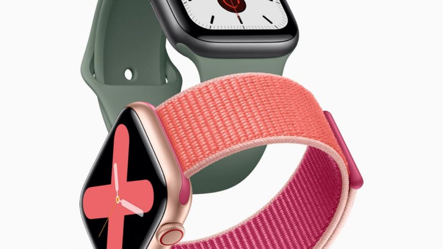 Apple_watch_series_5-gold-aluminum-case-pomegranate-band-and-space-gray-aluminum-case-pine-green-band-091019