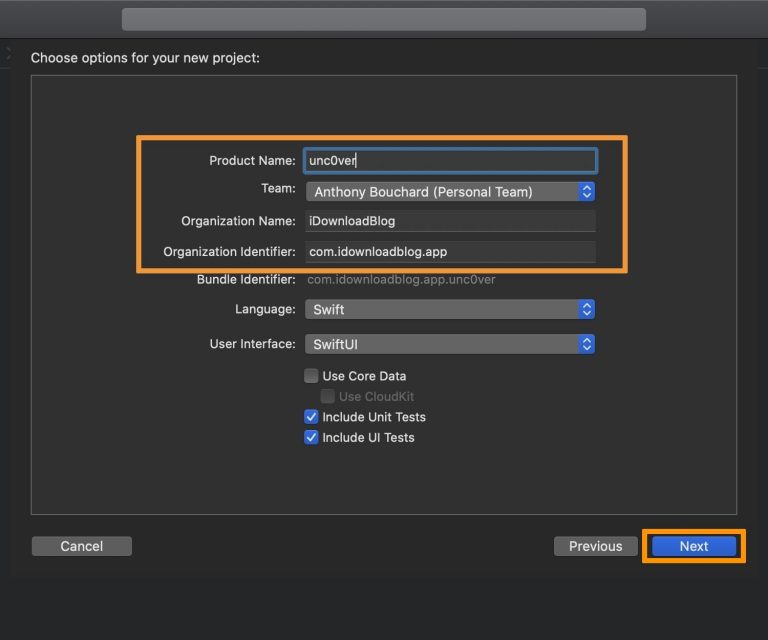 Xcode-unc0ver-product-name-and-organization-768×640