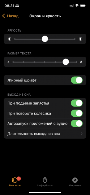 Включение жирного текста Apple Watch 
