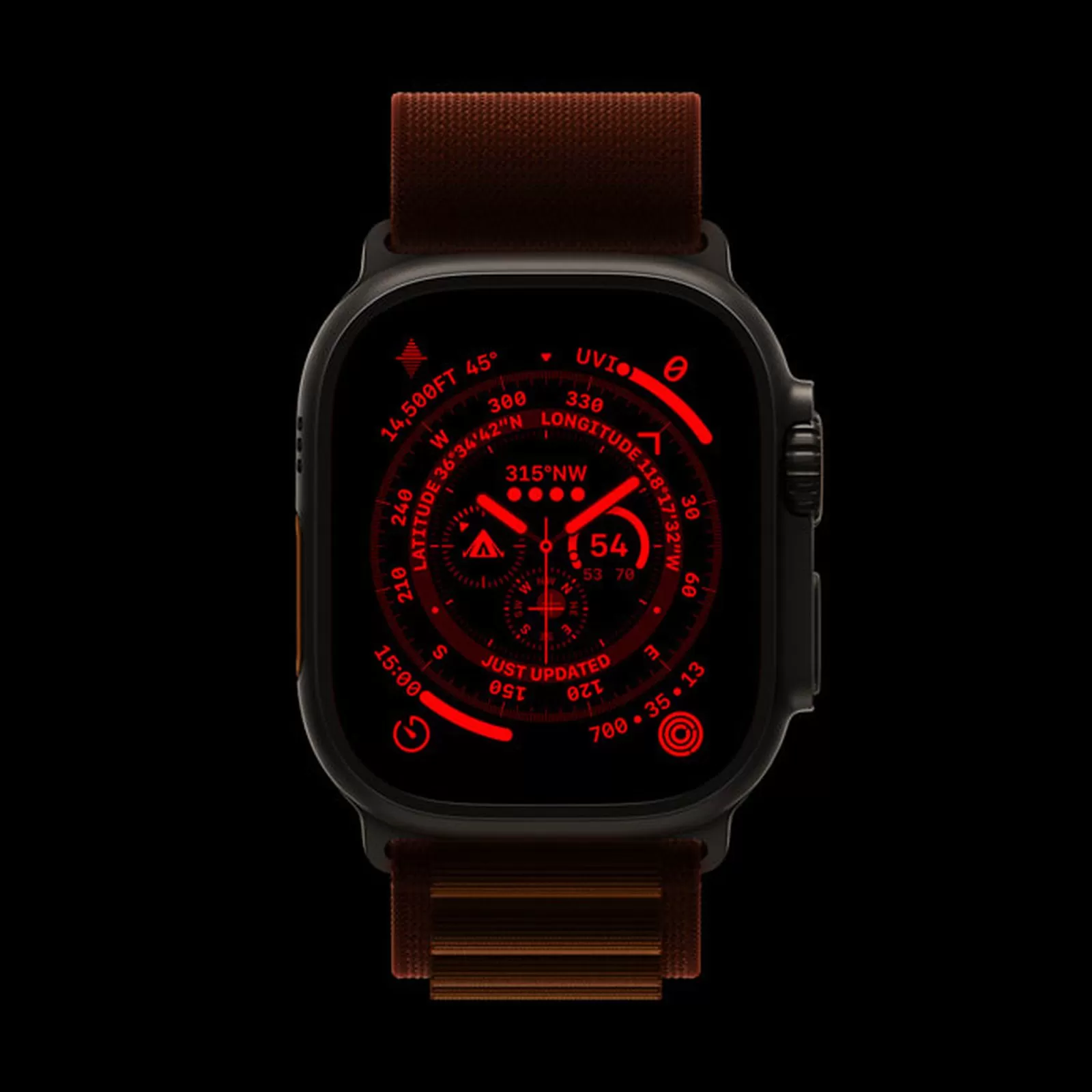 Apple-Watch-Ultra-Orange-Alpine-Loop-Wayfinder-ночной режим