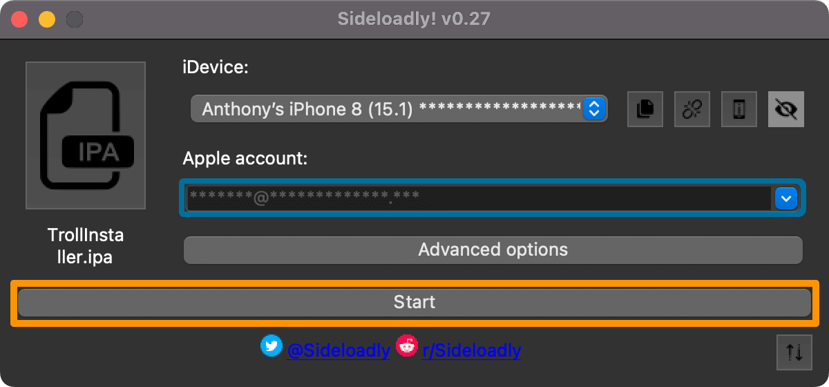 Sideloadly-TrollStore- кнопка Start-Install