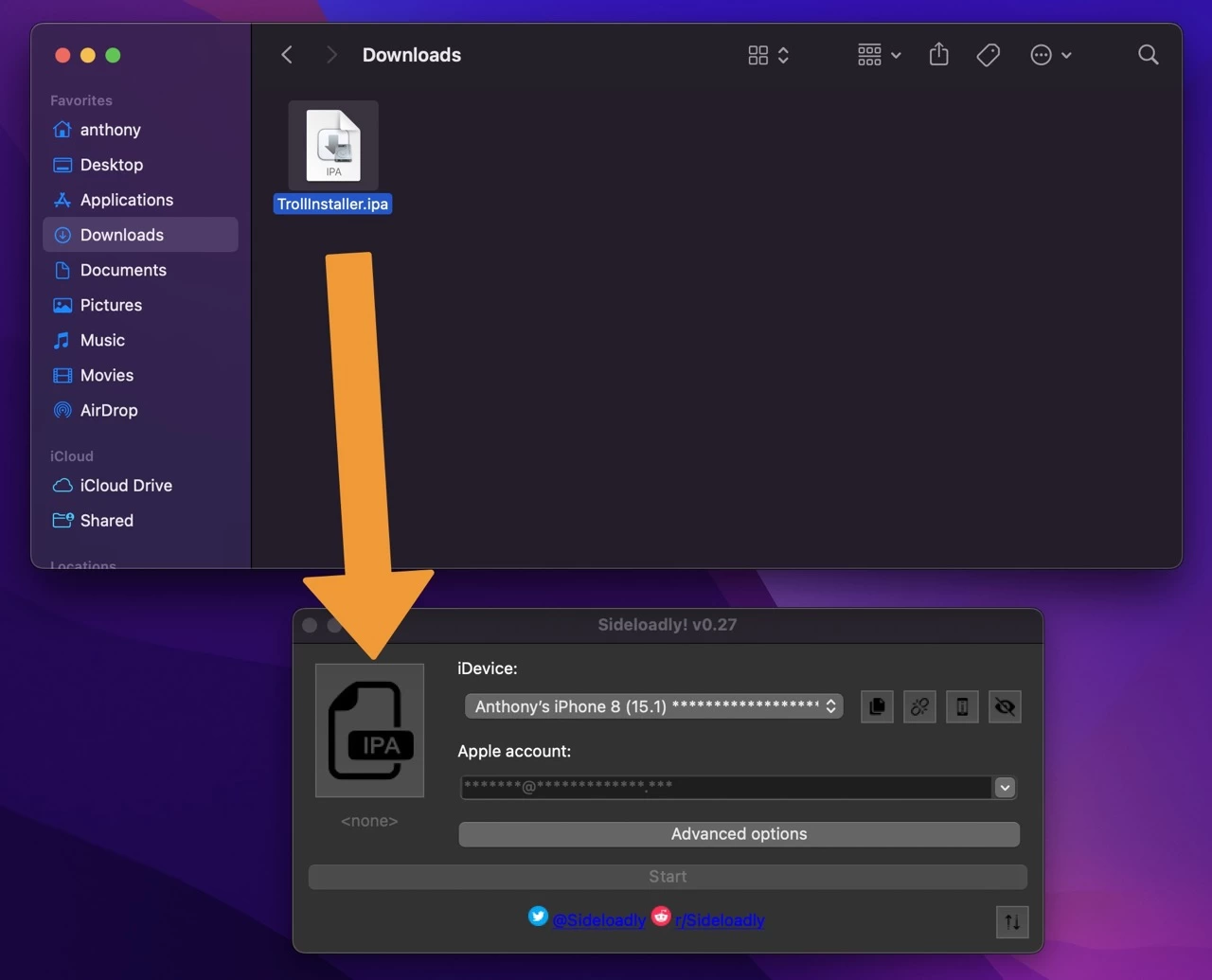 перетаскивание TrollStore-в Sideloadly