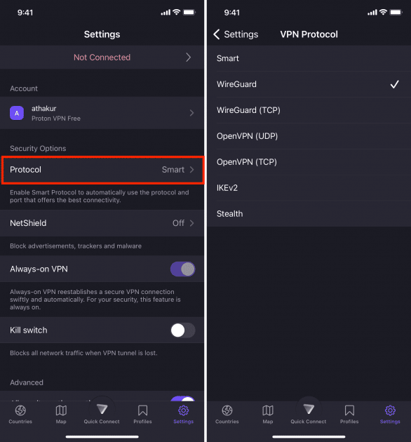 выбор vpn протокола на iphone proton vpn